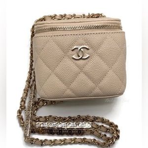 Authentic CHANEL Caviar Beige Mini Square Vanity Case CC Chain Bag Gold Hardware